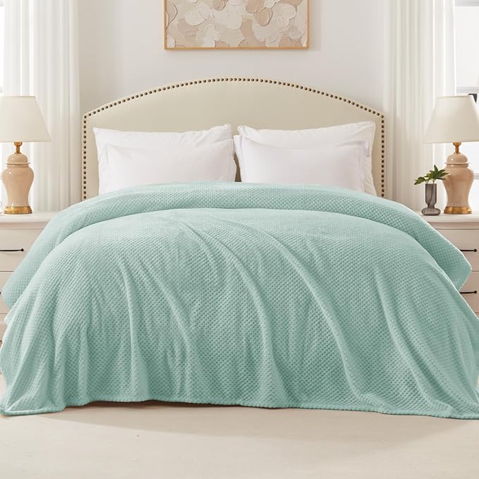 Exclusivo Mezcla Fleece Bed Blanket King Size, Super Soft and Warm Blankets for Couch, Sofa and Bed Waffle Textured, Cozy, Fuzzy and Lightweight (Mint Green, 90x104 Inches)