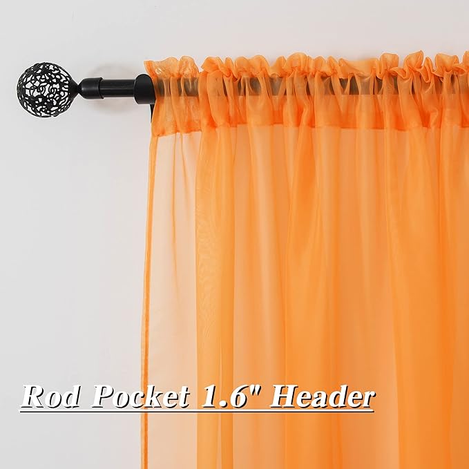 HUTO Orange Sheer Curtains 63 inches Long for Bedroom Top Rod Pocket Sheer Window Panels Curtains for Nursery Living Room 52 by 63 Inch Length Set of 2