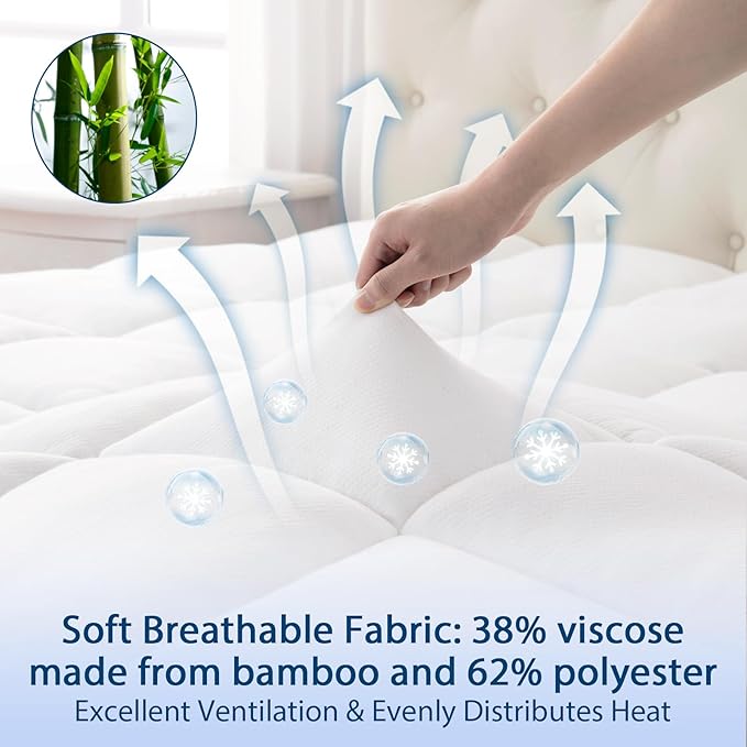 ELEMUSE Full Cooling Bamboo Viscose Mattress Topper for Back Pain, Extra Thick Mattress Pad Cover, Plush Soft Pillowtop with Elastic Deep Pocket, Overfilled Down Alternative Filling