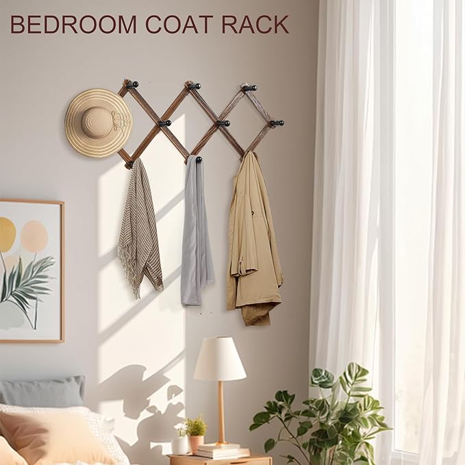 WGFKVAS 2 Pack Accordion Hat Rack for Wall - Expandable Coat Rack & Wall Mounted Hat Holder - Wooden Wall Hanger with 10 Peg Hooks for Coats, Baseball Caps, Keys & Mugs