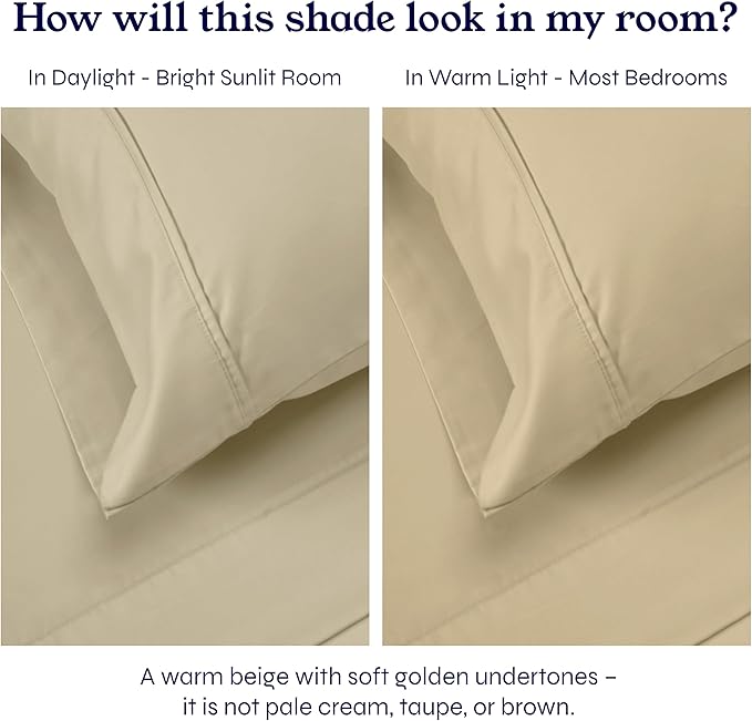 California Design Den Soft Twin Sheets Set - 400 Thread Count Sateen, Natural 100% Cotton Sheets, Deep Pockets, Cooling and Durable Bedding Set for Dorm Rooms & Adults - Beige (Golden Tone)