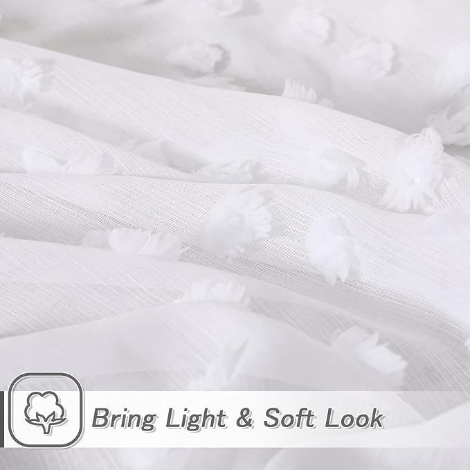 MYSKY HOME White Sheer Short Curtains with Pom Pom for Small Windows Bedroom Nursery Kids Girls Room Curtains Cafe Kitchen Light Filtering Boho Drapes, Rod Pocket,52 x 54 Inches, 2 Panels