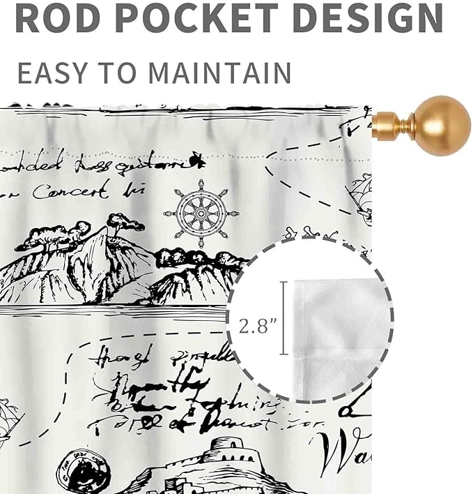 Vintage Nautical Curtains, Marine Coastal Sailboat Compass Anchor Ocean Beach Old Pirate Map Retro Window Drapery Treatments for Bedroom Living Room Kitchen Bathroom 2 Panels, 63"x63" Inch