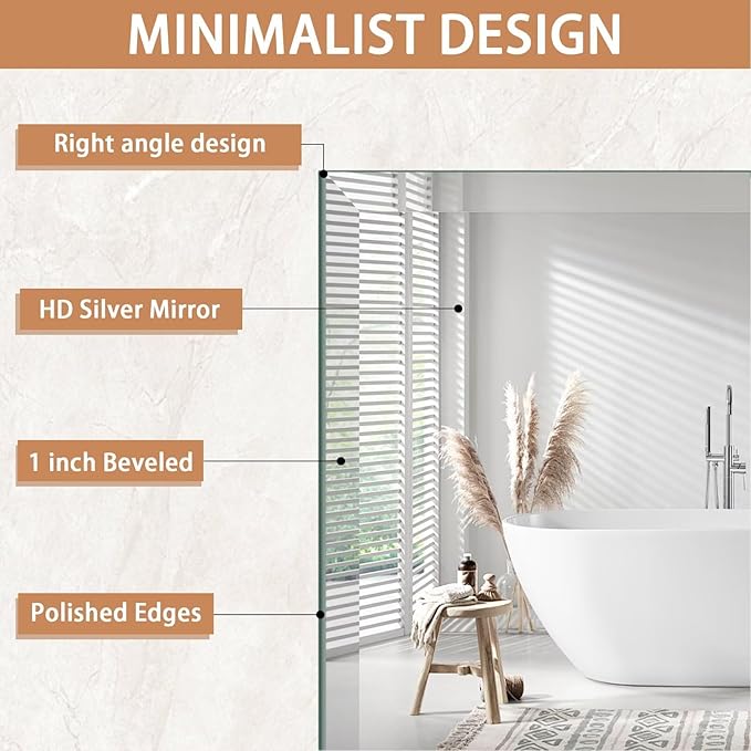 Frameless Mirror for Bathroom Vanity,24x36in Wall Mounted Mirrors for Over Sink Decorative Rectangular Frameless Mirror,With Polished Edge,Hangs Horizontally Or Vertically,Entryways,Room,Shatterproof