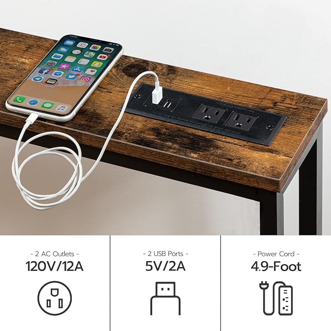 HOOBRO 47.2" Narrow Console Table with Power Outlet, 5.9" Behind Couch Table with Charging Station, Long Sofa Side Table, Skinny Entryway Table for Living Room, Hallway, Foyer, Rustic Brown BF15XG01G1