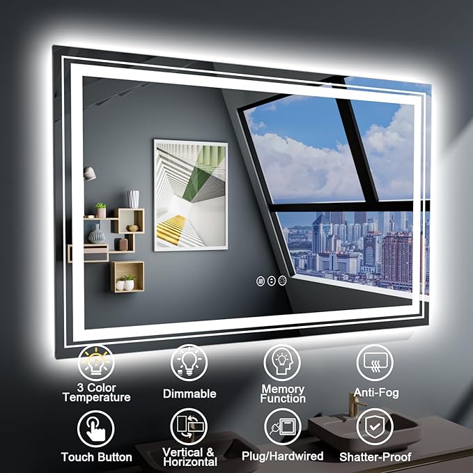 27x19 LED Bathroom Mirror with Front and Backlight, Dimmable Lighted Bathroom Vanity Mirror with Anti-Fog, Memory Function,Tempered Glass(Horizontal/Vertical)