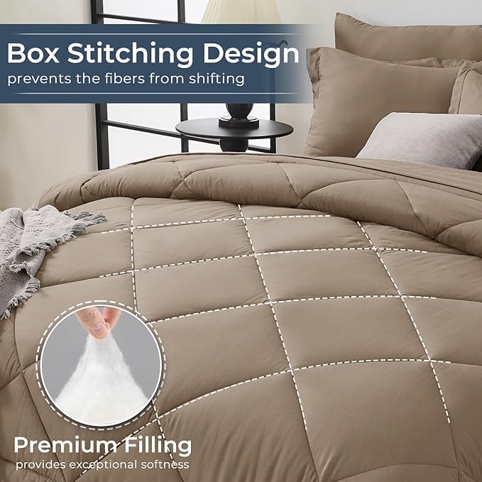 HEVUMYI Khaki Cali-King Comforter Set - 7-Piece All Season Bed in a Bag Cali-King, Ultra Soft Bedding Set with Comforter, Flat Sheet, Fitted Sheet, Pillowcases, Pillow Shams