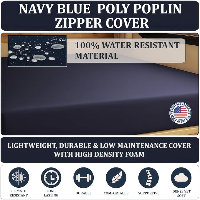 Foamma 10” x 28” x 75” Water Resistant RV Bunk Mattress, Firm High Density Foam, Comfortable and Durable Polyester Cover, Truck, Camper, Travel Trailer, Made in USA