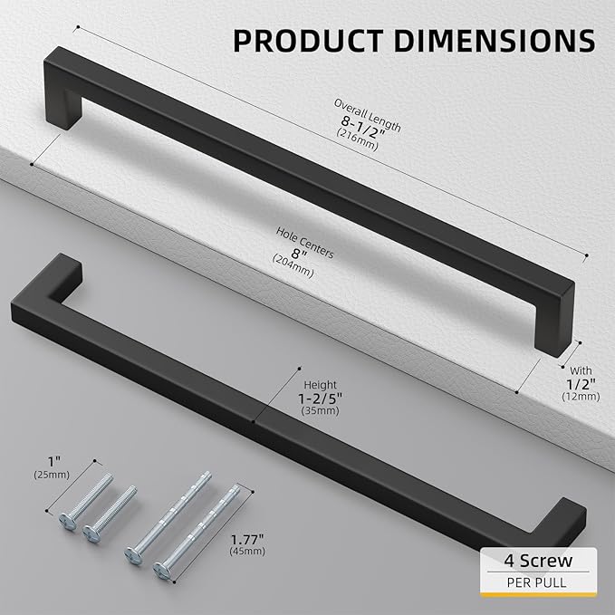 goldenwarm 10 Pack 8 Inch Black Cabinet Handles Matte Black Drawer Pulls Stainless Steel Cabinets Hardware Square Bar Modern for Kitchen Bathroom Cupboard