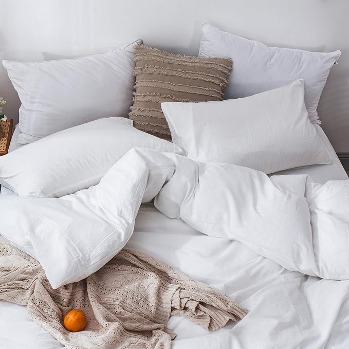 MooMee Bedding Duvet Cover Set 100% Washed Cotton Linen Like Textured Breathable Durable Soft Comfy (Solid Off White, King 104"x90")