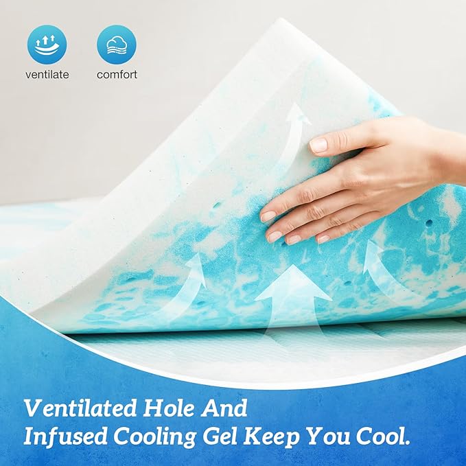 Sweetcrispy Mattress Topper King, 3 Inch Thick Memory Foam Gel Infused Cooling Toppers Pad for King Size Bed, Sleeper Sofa, RV, Camper, CertiPUR US Certified, Ventilated and Breathable