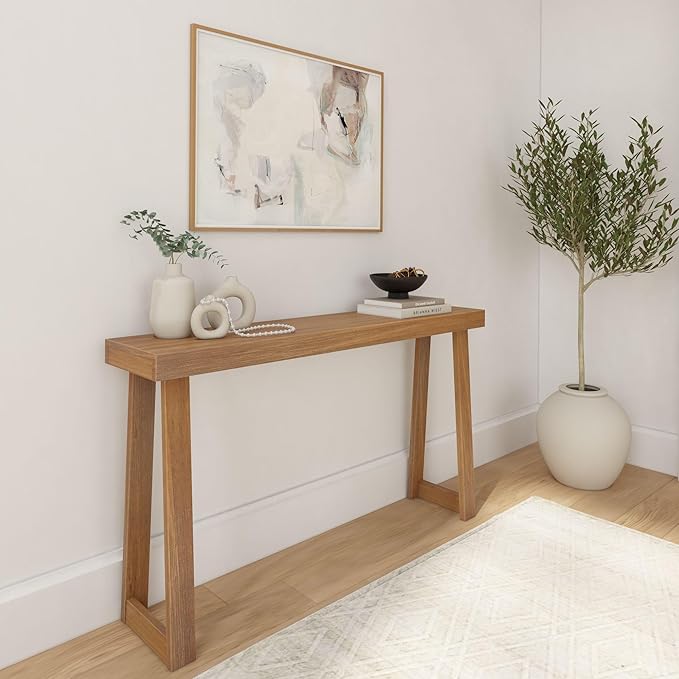 Plank+Beam Solid Wood Console Table, 56 Inch, Sofa Table, Narrow Entryway Table for Hallway, Behind The Couch, Living Room, Foyer, Easy Assembly, Pecan