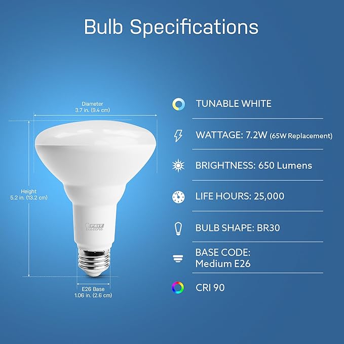 Feit Electric BR30 Smart LED Light Bulb, 60W Equivalent, Tunable White, Wi-Fi Enabled, Alexa & Google Home Compatible, E26 Base, 90+ CRI, Non-Dimmable, 800 Lumens, 25,000-Hour Lifetime, BR30/CCT/CA/AG