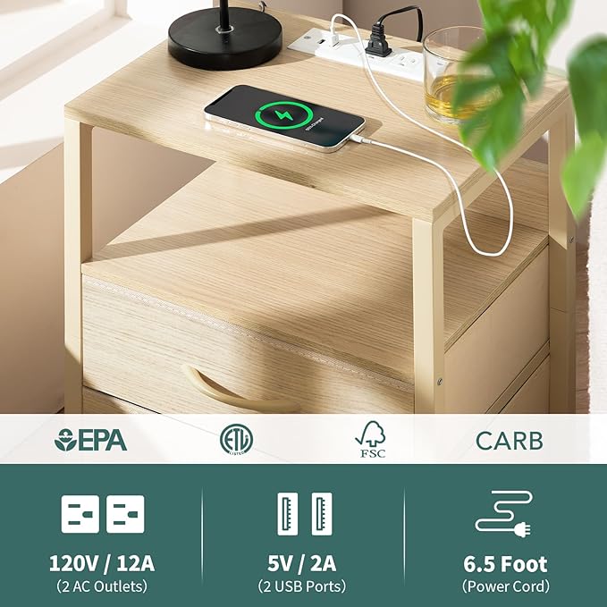 Yoobure Nightstand with Charging Station, Small Night Stand with Fabric Drawers and Storage Shelf for Bedrooms, Nightstands for Small Spaces, Bedside Table with USB Ports & Outlets, Bed Side Table