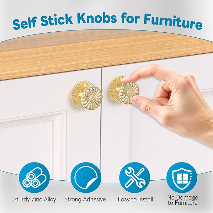 Self Adhesive Drawer Knobs, 2 Pack Self Stick Door Pull Handles, Zinc Alloy No Drilling Cabinet Knobs for Drawer, Closet, Window, Dresser, Sliding Barn/Glass Shower/Balcony Door (2, Gold)