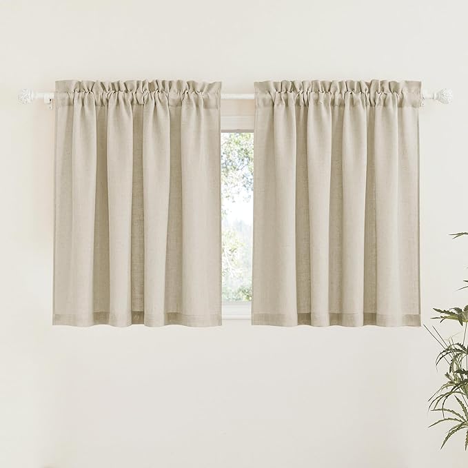 RYB HOME Half Window Curtains - Linen Textured Sheer Curtains Privacy Semi Sheer Drapes for Small Window Tiers Set for Bedroom Kitchen Cafe Bathroom, Beige, W 52 x L 36, 1 Pair