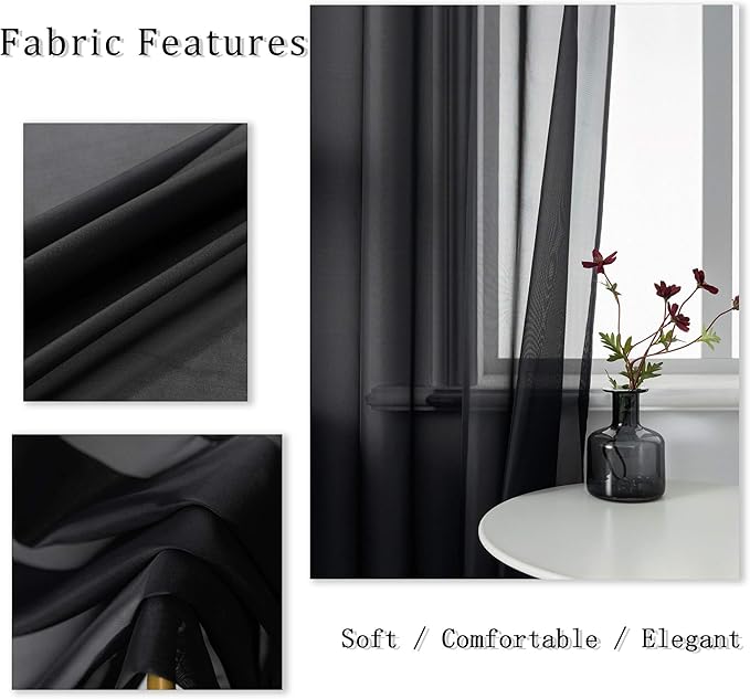 DUALIFE Black Sheer Curtains 45 Inch Length for Basement Windows Set of 2 Panels Grommet Semi Translucent Short Curtains for Small Windows Kitchen Bedroom Bathroom 52x45 Inches Long