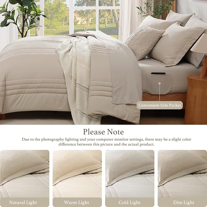 Monbix California King Size Comforter Set - 7 Pieces Bed in a Bag California King, Beige Bedding Sets with Comforter, All Seasons Down Alternative Comforter Bed Set with Sheets, Pillowcases & Shams