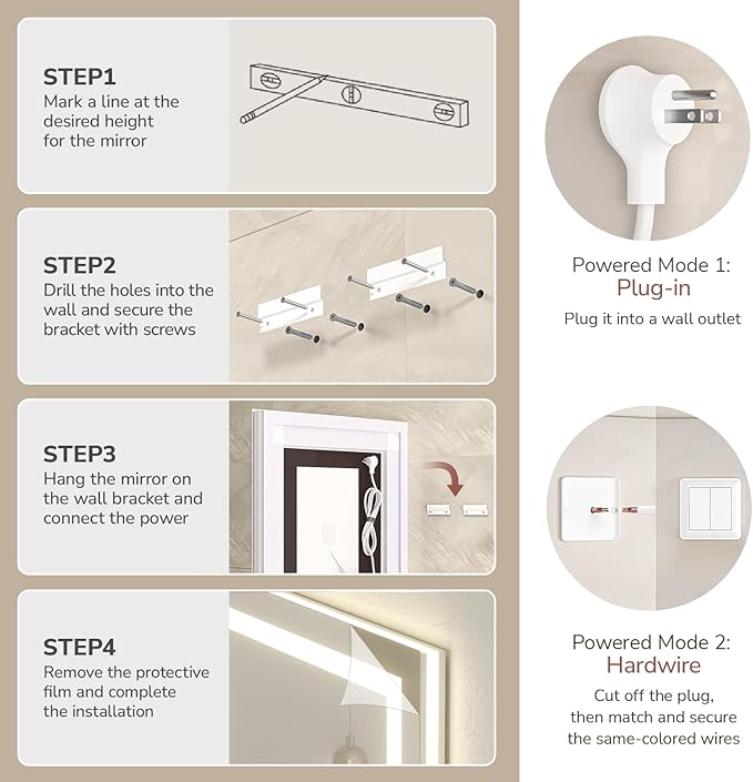 USHOWER LED Bathroom Mirror 24x32 Inch with Lights - Frameless Tempered Glass LED Backlit Lighted Mirror for Bathroom Vanity with Anti-Fog, 3 Colors Dimmable, Memory Function, Wall-Mounted