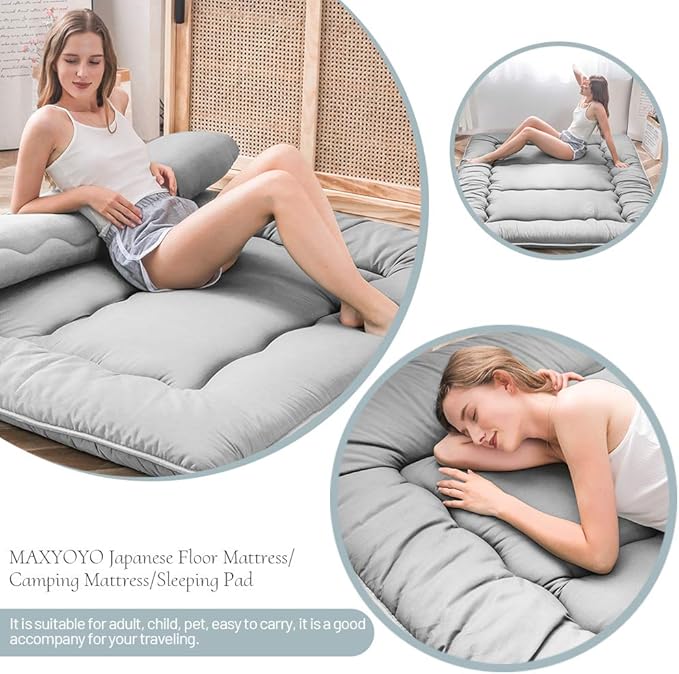 MAXYOYO Japanese Floor Mattress, Thicken Daybed Futon Sleeping Pad Foldable Roll Up Mattress Boys Girls Dormitory Floor Lounger Bed Couches and Sofas, Grey, Twin Size