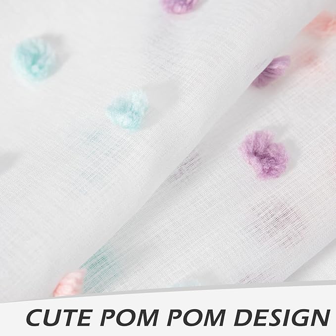 MYSKY HOME Pom Pom Sheer Curtains for Girls' Bedroom and Nursery - Rainbow 72 Inch Long Door Curtains with Rod Pocket - Semi-Transparent, Light Filtering - 52 x 72 Inch, 2 Panels