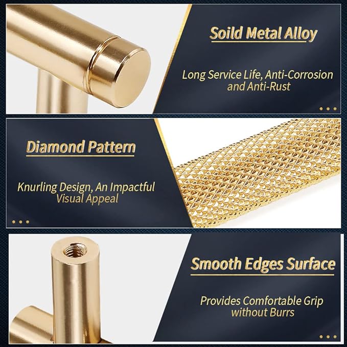 Knurled Cabinet Pulls 6 Pack, 5 Inch Long Cabinet Handles Metal Door Pulls, Kitchen Drawer Pull Knurled Dresser Handles - 3 3/4" Hole to Hole, Golden