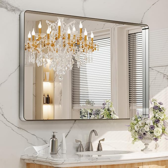 LOAAO 48X32 Inch Brushed Nickel Bathroom Mirror, Rounded Rectangle Silver Metal Frame Mirror, Brushed Nickel, Anti-Rust, Shatter Proof, Hangs Horizontally or Vertically