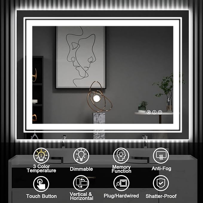LED Bathroom Mirror, 60"X28" with Front and Backlit, Anti-Fog, Large Bathroom Vanity Mirror for Wall, Memory Function, Stepless Dimmable, Tempered Glass (Horizontal/Vertical)