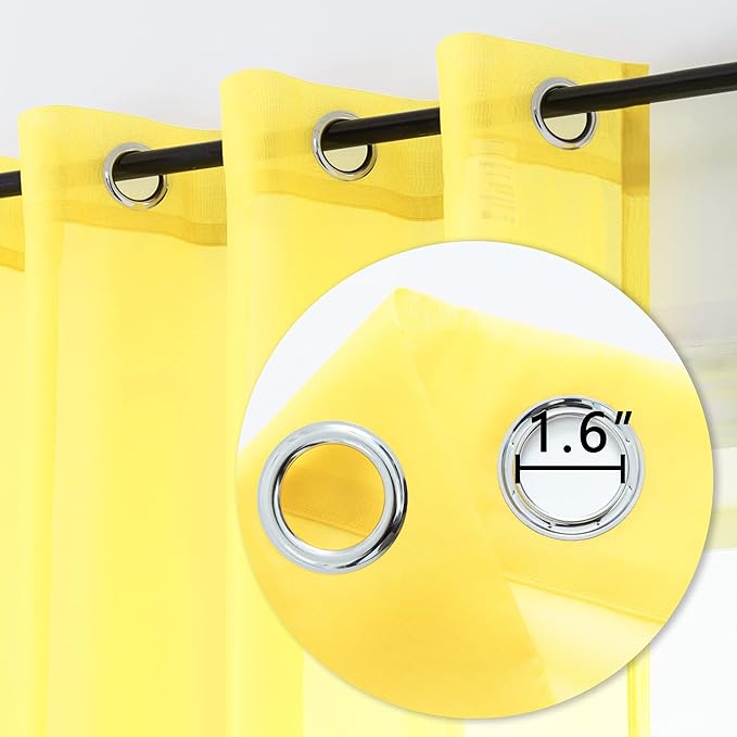 DUALIFE Bright Yellow Sheer Curtains 54 Inch Length for Kitchen 2 Panels Grommet Semi Sheer Short Curtains for Bathroom Small Windows Basement Vibrant Lemon Yellow Wide 52 by L54 Inches Long