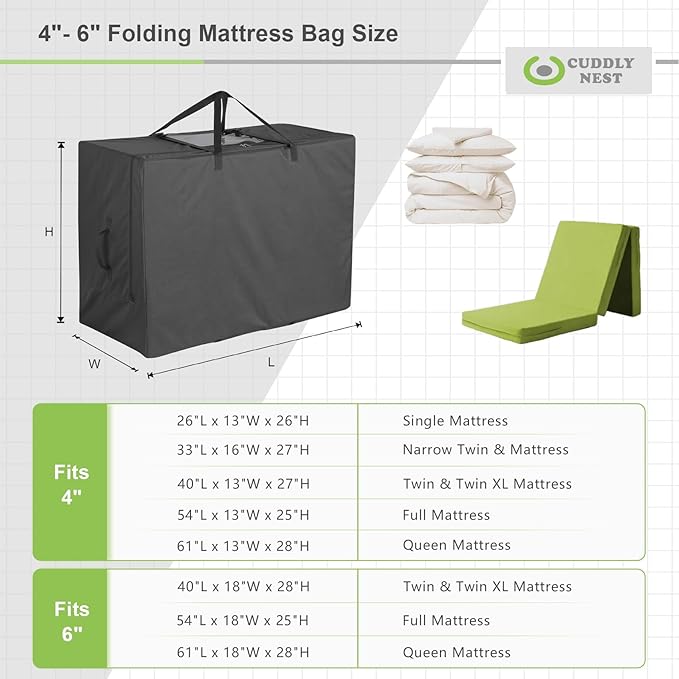 Cuddly Nest Folding Mattress Storage Bag - Heavy Duty Carry Case for Tri-Fold Guest Bed (Fits 4" Full Mattress, Black)