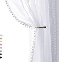 Treatmentex Pom-Pom Sheer White Curtains Extra Long 108-inch for Living Room, Slub Linen Textured White Sheer Window Drapes for Bedroom 2 Pack 52" w