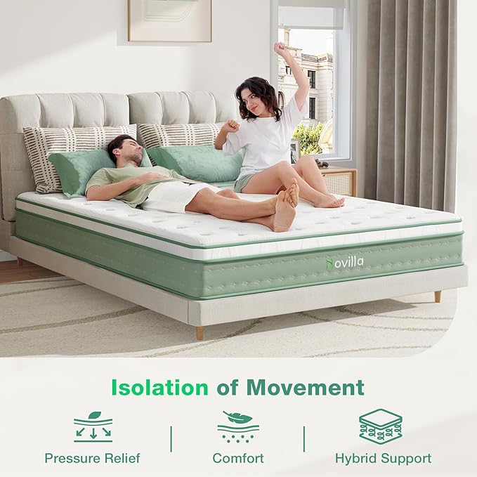 Novilla Queen Size Mattress, 10 Inch Hybrid Mattress in a Box, Foam with Individual Pocket Coils for Quality Sleep, Pillow Top Queen Mattresses with Quilted Cover, Release Pressure