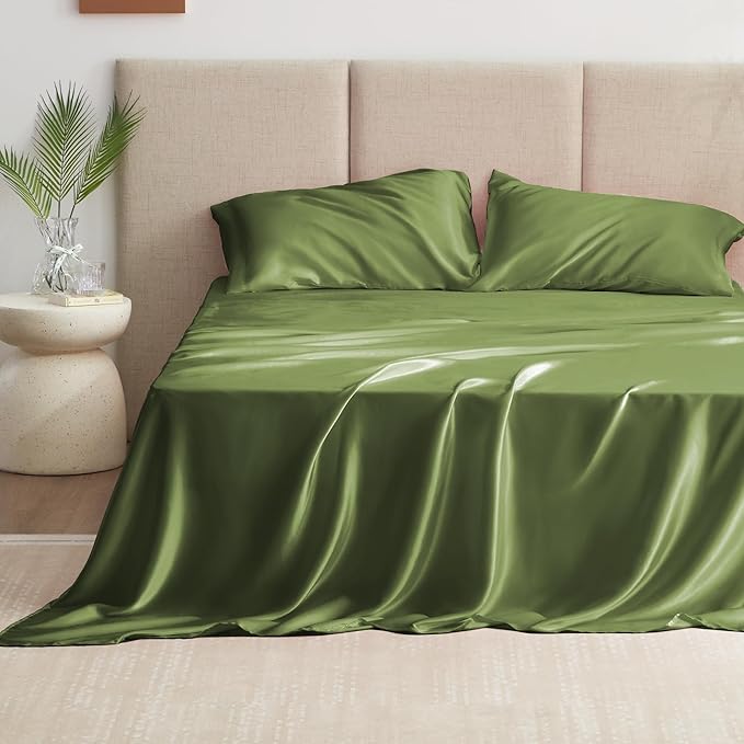 Love's cabin Twin XL Satin Sheet Sets - 3 Piece Sage Silky Bed Sheets with Deep Pockets, Luxury Silk Feel Satin Sheet Set Twin XL (1 Flat Sheet,1 Fitted Sheet,1 Pillow case)