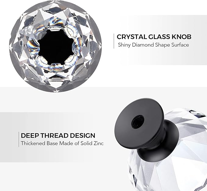Ravinte 10 Pack Crystal Drawer Knobs - Glass Cabinet Knobs with Black Base - Diamond Shaped - 30 mm
