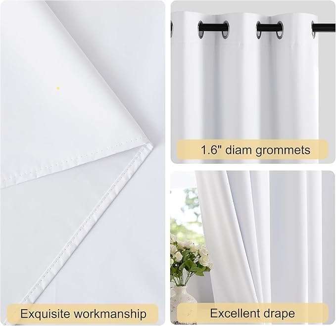 NICETOWN 100% Blackout Window Curtain Panels 84" Length, Set of 2, Snow White, 34 inches Wide, Thermal Insulated Drapes for Kitchen