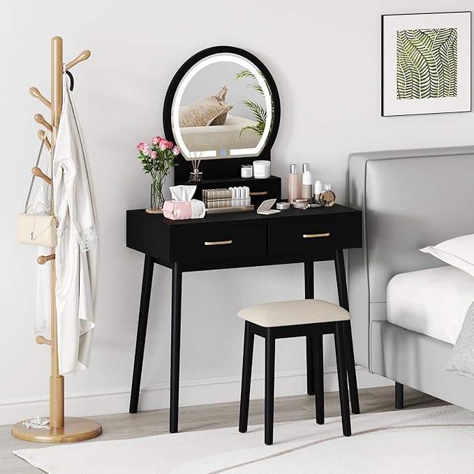 CHARMAID Vanity Desk with Mirror and Lights, Modern Makeup Vanity Table with 4 Drawers, 3-Color Dimmable LED Mirror, Girls Dressing Table and Stool Set for Small Bedroom (Black)