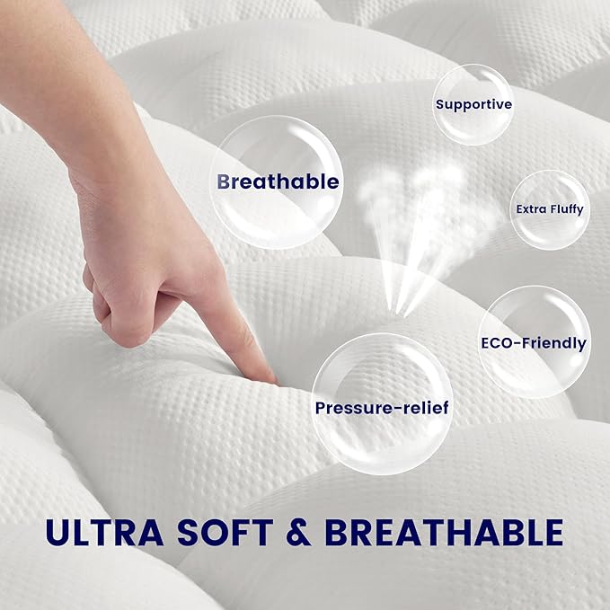 SLEEP ZONE Mattress Topper Full Size, Extra Thick Fitted Mattress Pad for Back Pain, Plush and Support Mattress Cover, Deep Pockets Mattress Protector, Hotel Quality (White, Full)