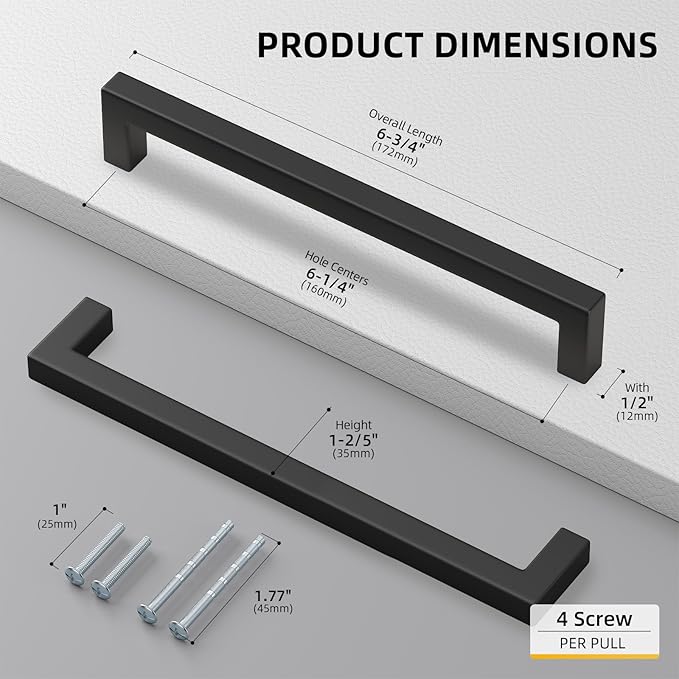 goldenwarm 150 Pack 6-1/4 Inch Black Cabinet Handles Matte Black Drawer Pulls Stainless Steel Cabinets Hardware Square Bar Modern for Kitchen Bathroom Cupboard