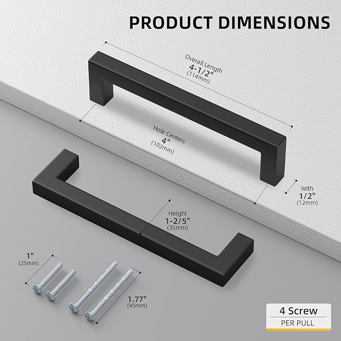 goldenwarm 35 Pack 4 INCH Black Square Bar Cabinet Pull - Drawer Pulls Stainless Steel Modern Hardware for Kitchen and Bathroom Cabinets Cupboard - Center to Center 4in(102mm) Cabinet Handles