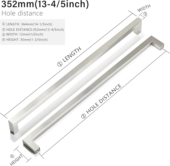 Cabinet Pulls Brushed Nickel Cabinet Handles Square Drawer Pulls, 40 Pack 13-4/5 Inch Stainless Steel Kitchen Door Cupboard Cabinet Handles, Hardware Drawer Handles, 352mm Hole Centers