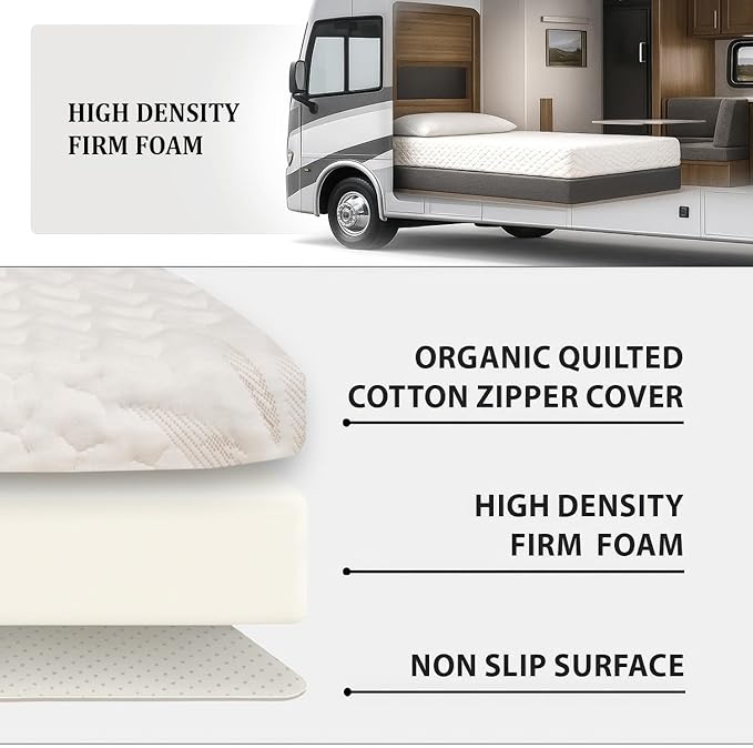 Foamma 8" x 30" x 72" Gel Memory Foam Mattress for RV with Water Resistant Organic Cotton Cover, Firm High Density Foam Base, USA Made, CertiPUR-US Certified Foam
