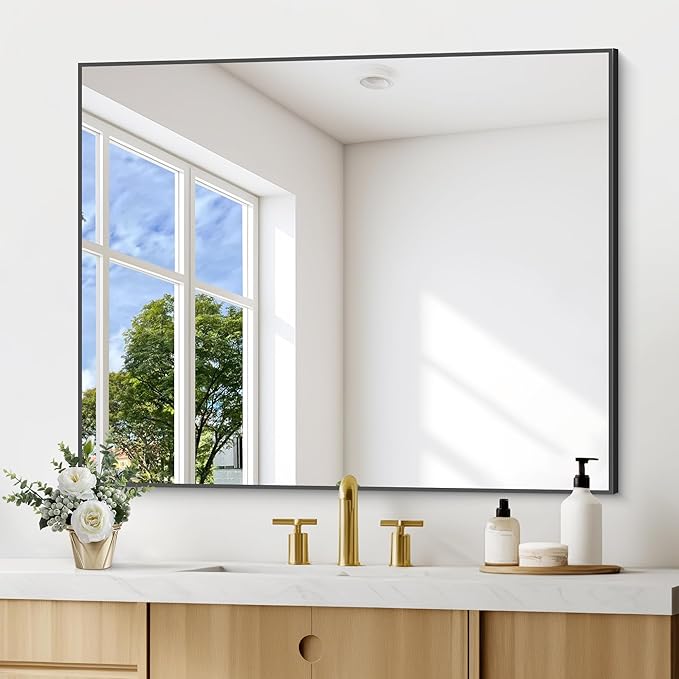 Black Bathroom Mirror for Wall, 30x36 Inch Rectangle Mirrors with Metal Frame, Modern Vanity Wall Mirror Decor for Entryway Hangs, Bathroom Living Room Horizontal or Vertical