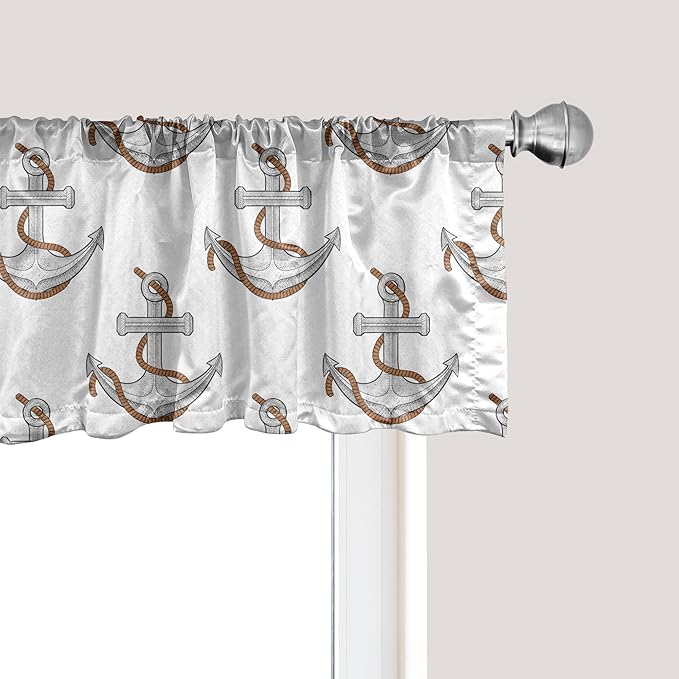 Ambesonne Vintage Nautical Tattoo Window Valance, Repetitive Anchor and Motif Maritime Pattern, Curtain Valance for Kitchen Bedroom Decor with Rod Pocket, 54" X 12", Pale Cinnamon Pale Grey