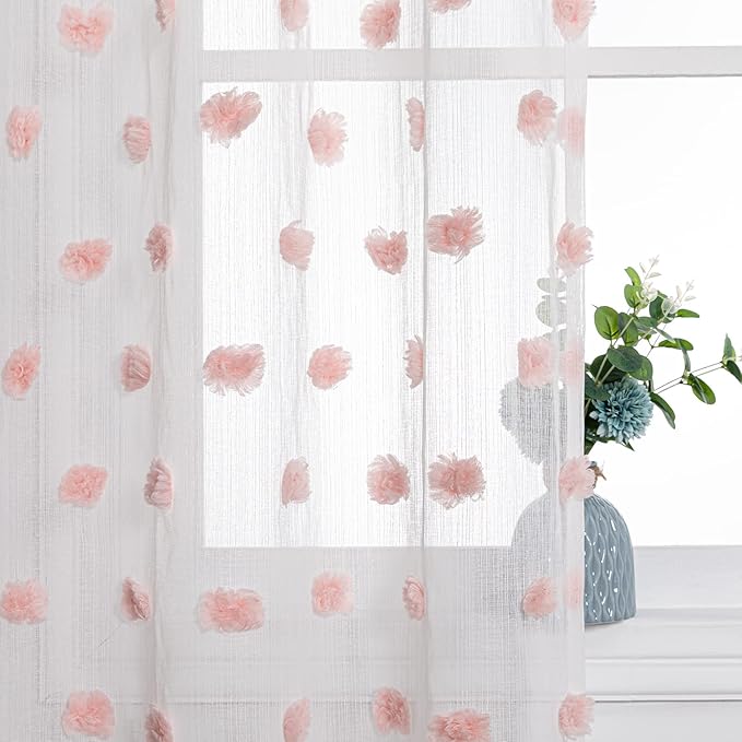 MYSKY HOME Small Window Curtains for Bathroom Kitchen 45 Inches Long Pink Pom Pom White Sheer Curtains Nursery Bedroom Girls Kids Room Rod Pocket 2 Panels Boho Cafe Window Drapes Blush 52" x 45"
