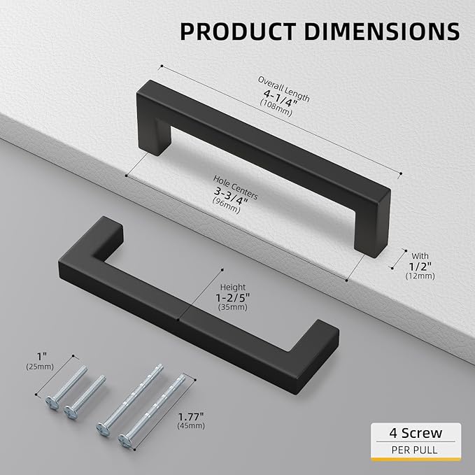 goldenwarm 15 Pack 3-3/4 Inch Black Cabinet Handles Matte Black Drawer Pulls Stainless Steel Cabinets Hardware Square Bar Modern for Kitchen Bathroom Cupboard