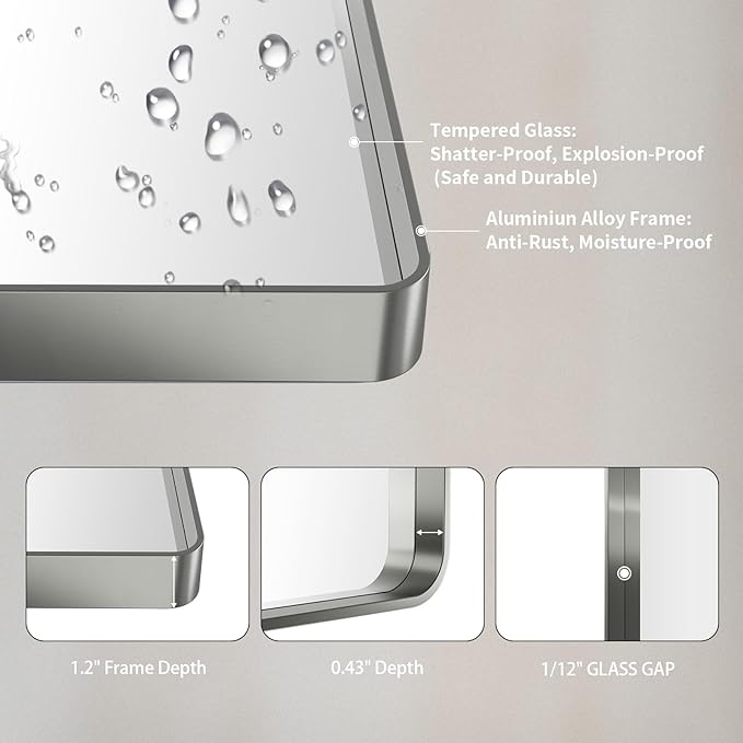 LOAAO 48X30 Inch Brushed Nickel Bathroom Mirror, Rounded Rectangle Silver Metal Frame Mirror, Brushed Nickel, Anti-Rust, Shatter Proof, Hangs Horizontally or Vertically