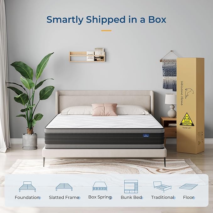 Vesgantti King Mattress, 10 Inch Hybrid King Size Mattress with Memory Foam and Individually Pocket Spring, Pressure Relief and Supportive, Medium Firm Feel, Mattress in a Box