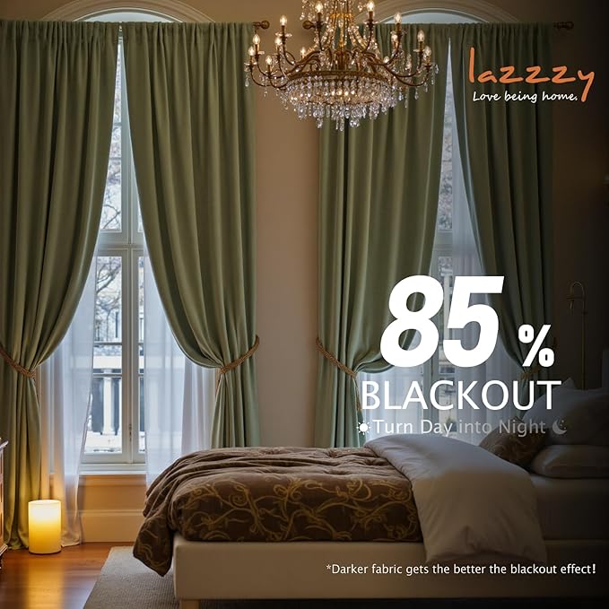 Lazzzy Velvet Blackout Curtains Thermal Insulated Room Window Drapes Super Soft Luxury Curtains for Living Room Bedroom Rod Pocket 2 Panels, Olive Sage, 42" W x 90" L