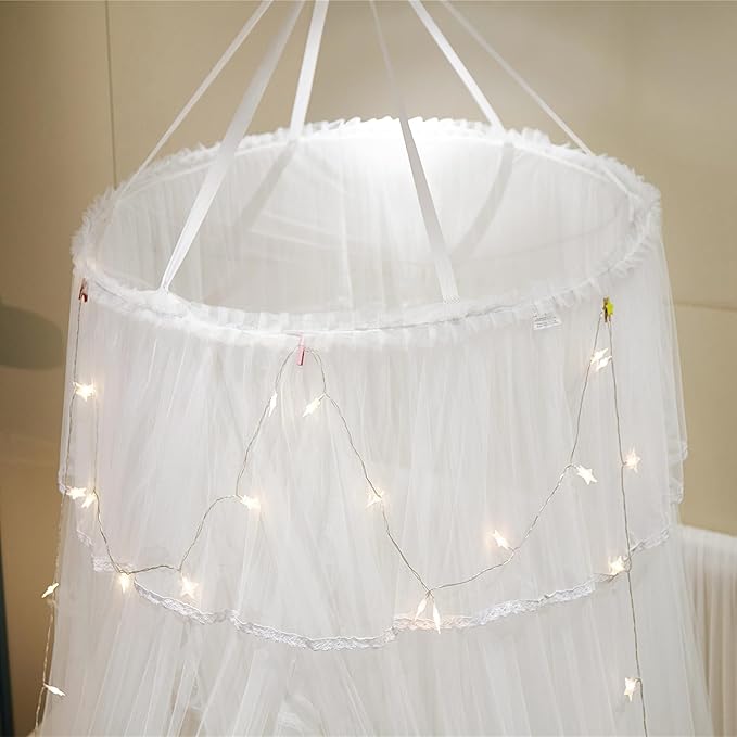 VETHIN Princess Bed Canopy for Girls Double Layer Sheer Mesh Dome Elegant Lace Mosquito Net Bed Curtain for Full Queen King Bed with led Stars String Lights(White/White)