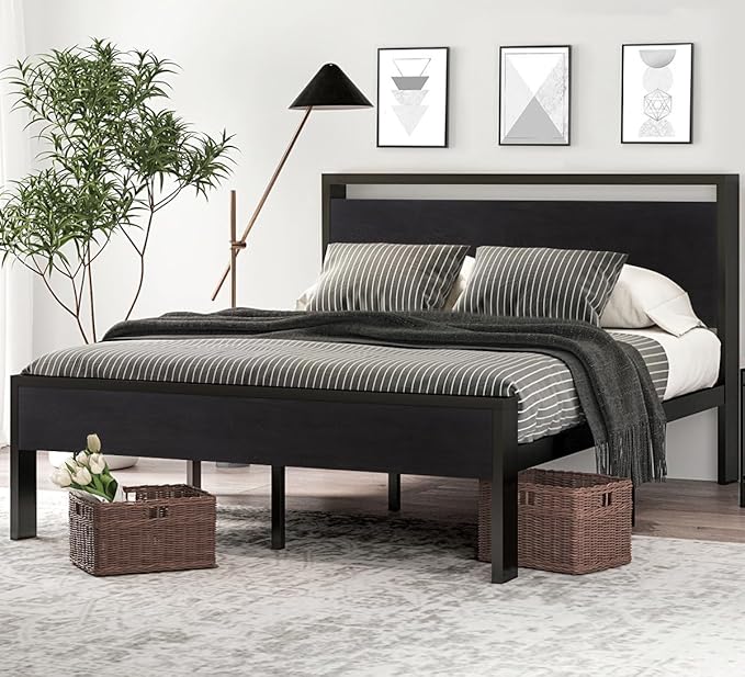SHA CERLIN 14 Inch Full Size Metal Platform Bed Frame with Wooden Headboard and Footboard, Mattress Foundation, No Box Spring Needed, Large Under Bed Storage, Non-Slip Without Noise, Black Oak